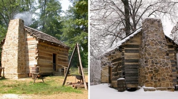 Side-by-side images show the cabin at the Living Historical Farm at Lincoln Boyhood National Memorial in summer and winter