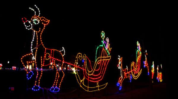 Light display of Santa's reindeer and sleigh against a night sky background