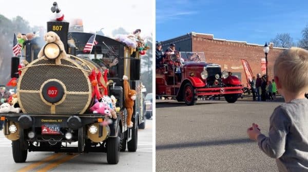 Side-by-side photos show a black train covered in plush animals driving down the street in the Santa Claus Christmas Parade; photos on right shows young child in gray shirt from the back as he watches an old-fashioned fire truck in the Rockport Christmas Parade