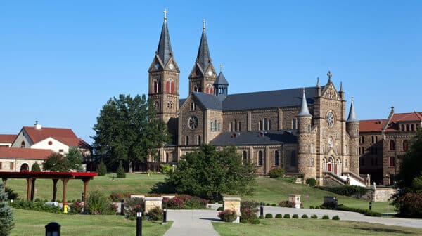 Wide view of the Archabbey Church at Saint Meinrad Archabbey