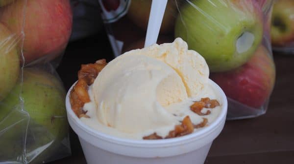 Close-up of styrofoam dish with ice cream and apple pie in front of bags of apples at the Mt. Zion Applefest